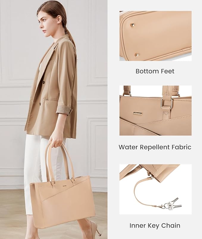 LOVEVOOK Laptop Bag for Women 15.6 Inch Tote Bags Waterproof Leather Briefcase Computer Women Business Office Work Bag,Light Khaki