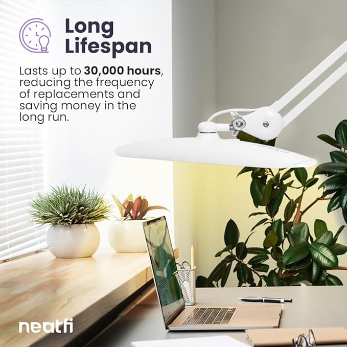 Neatfi XL 2,200 Lumens LED Task Lamp, 20W, 182 Pcs SMD LED, Dimmable, 4 Level Brightness, 3 Light Modes, Desk Light for Home, Office, Workbench (CCT, White)