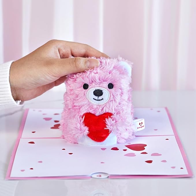 Lovepop Plushpop Soft Animal Pop-Up Card for Her and Him - 3D Bear Everyday Greeting Card for Boys, Girls, Men, Women - Beary Happy - 6" x 8" Card - Pink