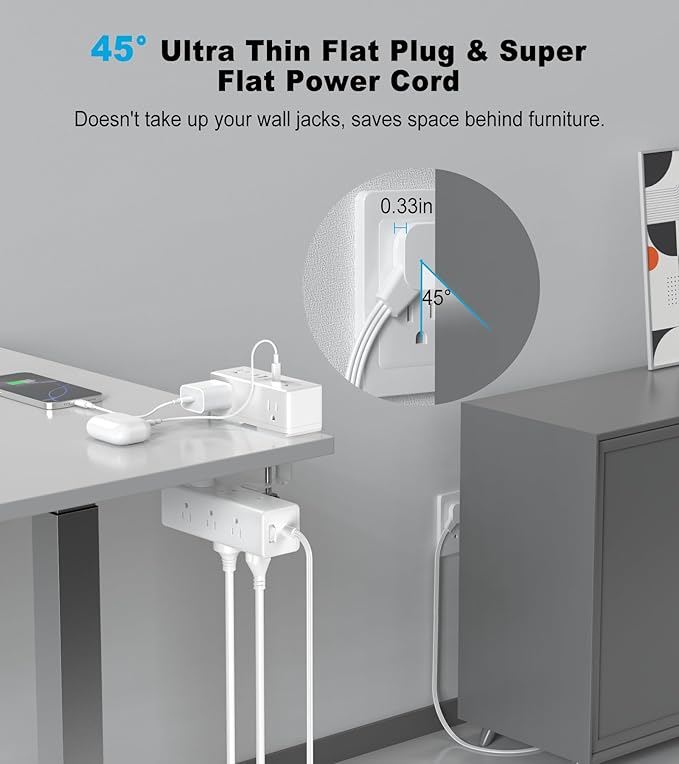 Dual Layer Desk Clamp Power Strip, Desktop Edge Mount Surge Protector with 4 USB Ports(2 USB-C) & 15 AC Outlets, Ultra Thin Flat Plug & 10FT Power Cord for Office Home(ETL Listed)