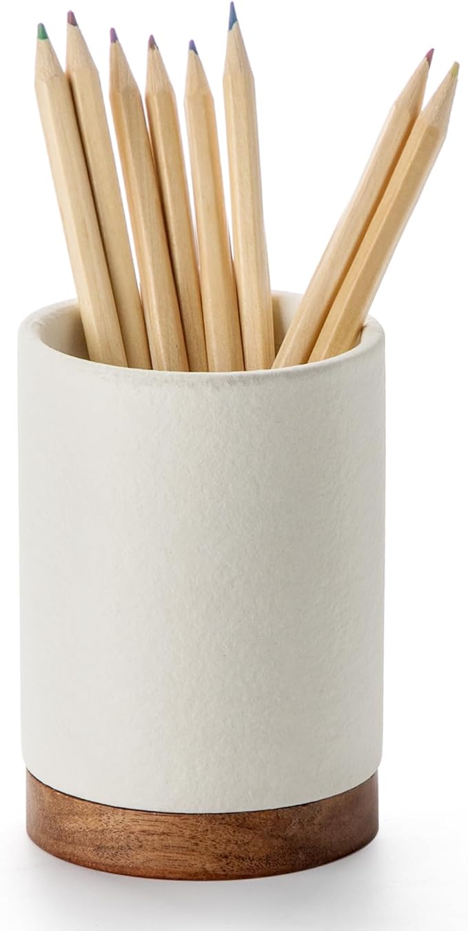 Pen Holder for Desk, Ceramic Pencil Organizer & Makeup Brush Holder, Office Decor and Desk Accessories，Perfect Office Organization,Teacher Supplies (White, Set / 1)