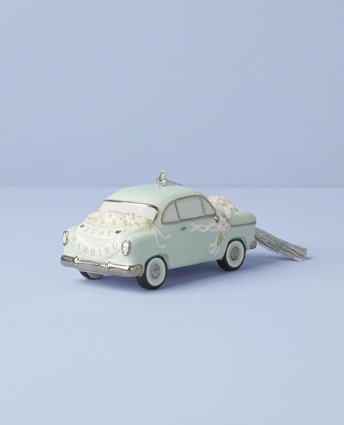 Lenox Ornament, 2025 Just Married Vintage Car Christmas Ornament, Made from Porcelain, Christmas Decorations with Silver Accents and Hanging Cord, Winter Decor, Tree Decor, Car Design (Blue, 1 Piece)