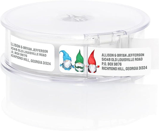 Watercolor Gnome Trio Rolled Address Labels / 250 Personalized Return Address Labels/Designer Address Stickers in Elegant Plastic Dispenser