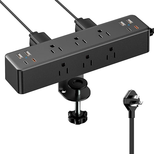 Flat Plug Desk Clamp Power Strip 10FT, 40W Total Fast Charging Station, Dual PD 20W USB C Ports, Desk Edge Mount Power Strip 9 AC Outlets 8 USB Ports(4 USB C) Surge Protector, Fit 1.7" Tabletop Edge