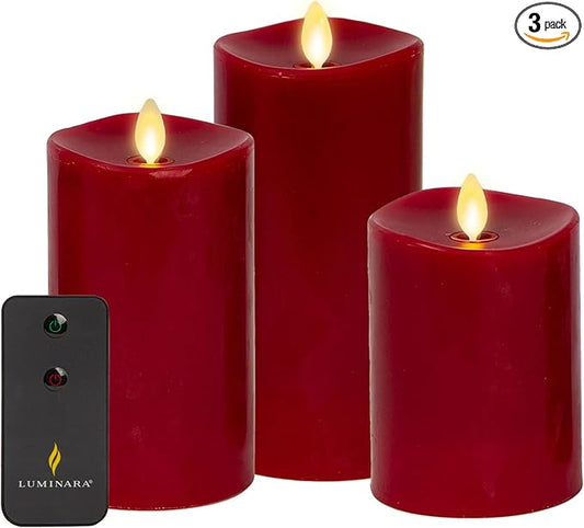 Luminara Flameless Flickering Melted Edge Set of 3 Candles, Battery Operated & Timer Function, Remote Included, Unscented Paraffin Burgundy Wax LED Light Pillar, Christmas Holiday Décor