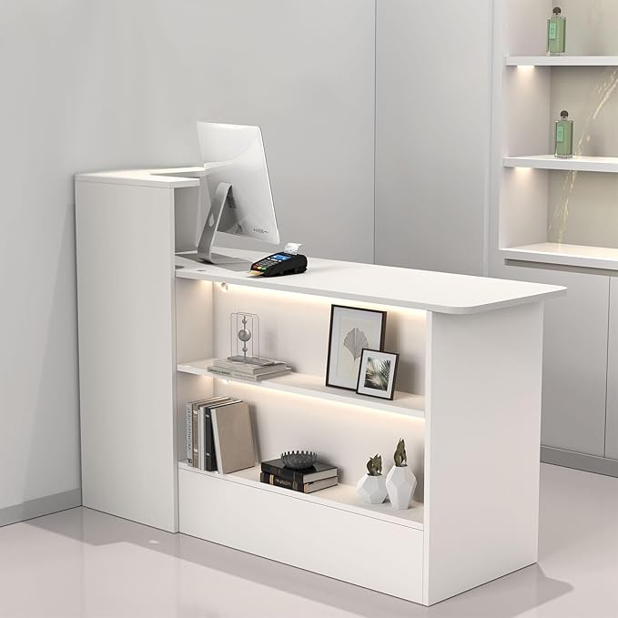 Modern Reception Desk with LED Lights - 59" Front Desk Reception Counter with Dual Display Shelves & Hidden Cable Management, Lockable Drawer & Storage Cabinet for Office, Salon, Spa, Retail, Right