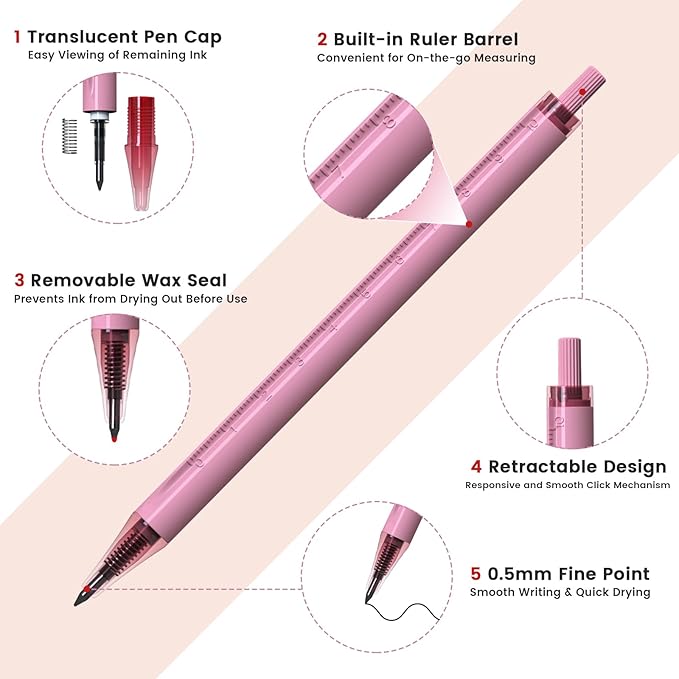 Gel Pens with Ruler Scales Barrel, 5 Pcs 0.5mm Retractable Fine Point Pens for Precise Writing and Drawing, Quick-Dry Ink, Ideal for Office and School Supplies, Free Sticky Notes