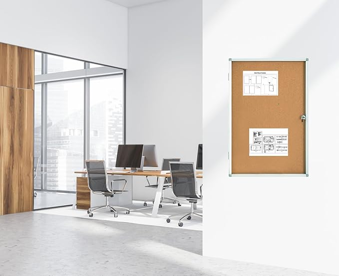 Lockable Noticeboard Wall Mounted Cabinet with Enclosed Cork Board - 24'x36' Bulletin Cork Board Cabinet for School Office, Display Case and Poster Memo Board