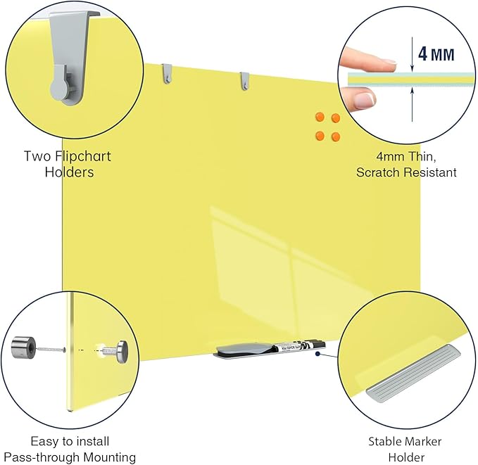 TSJ OFFICE Glass Dry-Erase Board - 36 x 24 Inches Wall Mounted Magnetic Whiteboard, Large Frameless Glass White Board for Office, Home & School, Yellow