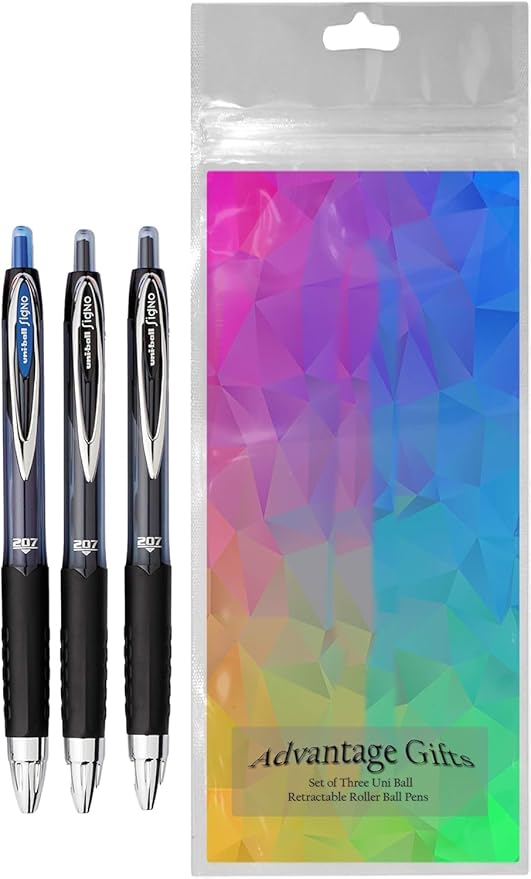Signo 207 Roller Ball Retractable Gel Pens, Medium Point (0.7mm), Black And Blue Ink, 3 Count, Bundle with Plastic Reusable Pouch