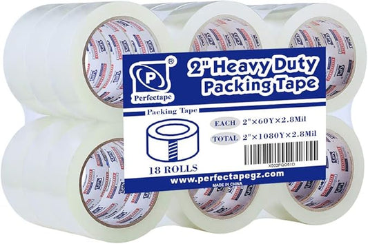 PERFECTAPE Heavy Duty Packing Tape 18 Rolls, Total 1080Y, Clear, 2.8 mil, 1.88 inch x 60 Yards, Ultra Strong, Refill for Packaging and Shipping