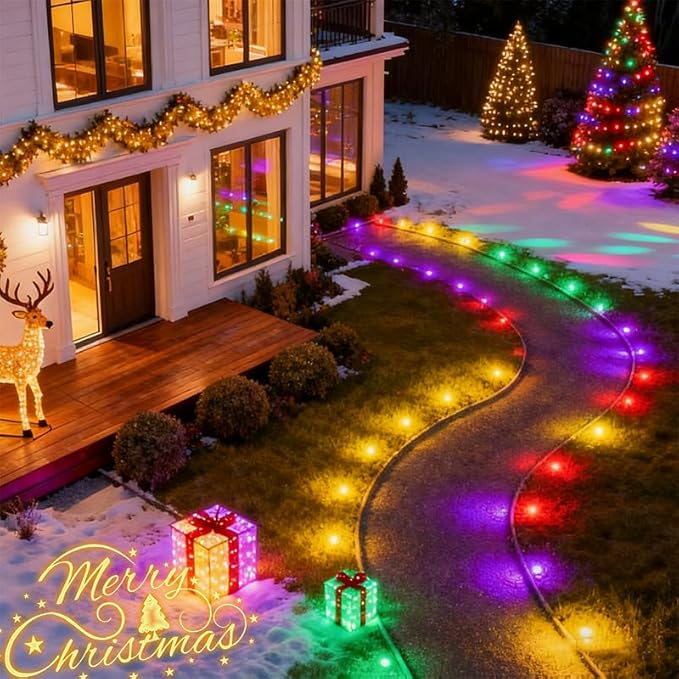 Outdoor Ground Lights 31FT Patio Decorations Smart Outdoor Christmas Lights with IC+RGB 20 Pathway Light IP67 Waterproof for Halloween Christmas Birthday Holiday Party APP/Remote Control