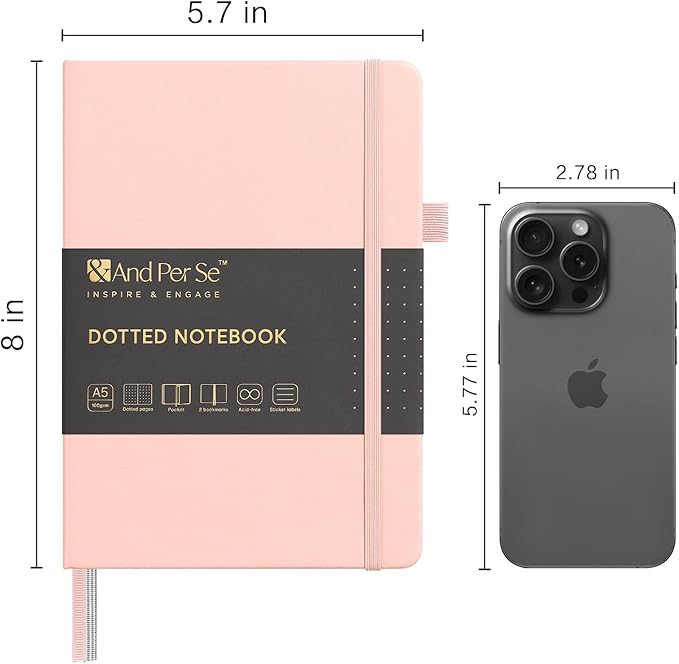 &And Per Se Dotted Journal Notebook, A5 Hardcover Leather Bullet Dotted Journal, 160 Pages 100 gsm Thick Paper，3 Sheets of Stickers Included - 5.7'' x 8''（Pink）
