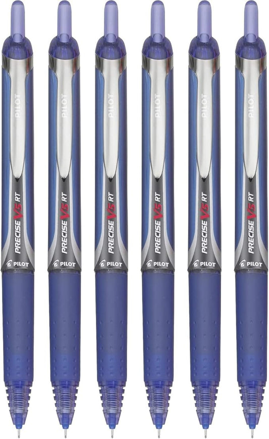Precise V5 RT Retractable Rolling Ball Pens, Extra Fine Point (.5mm), Blue Ink, 6-pk; Premium Comfort Grip, Bundle with Plastic Reusable Pouch