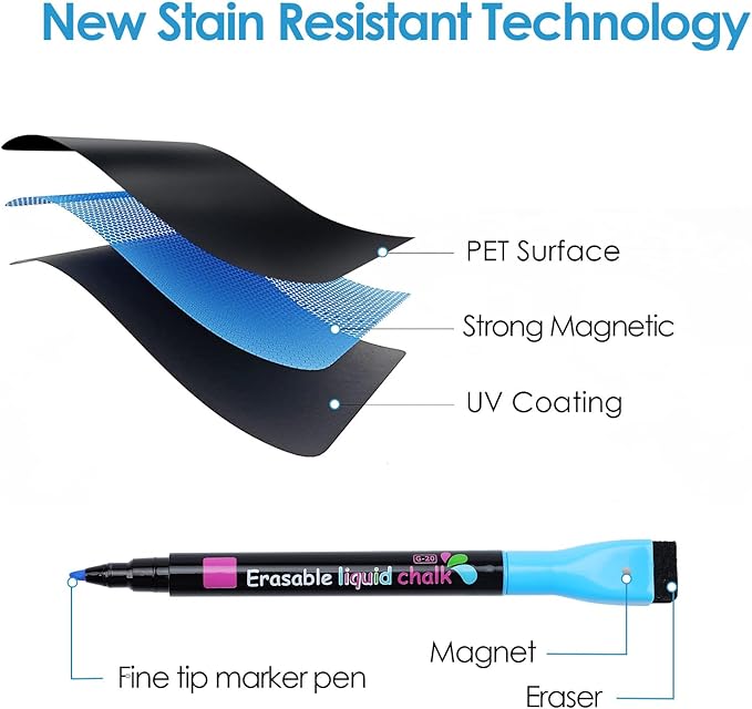 MaxGear Magnetic Black Dry Erase Board Sheet 12"x8" for Refrigerator, Small Fridge Magnetic Whiteboard for Kitchen, Fridge Shopping List for Family Planner and Grocery List, 3 Chalk Markers