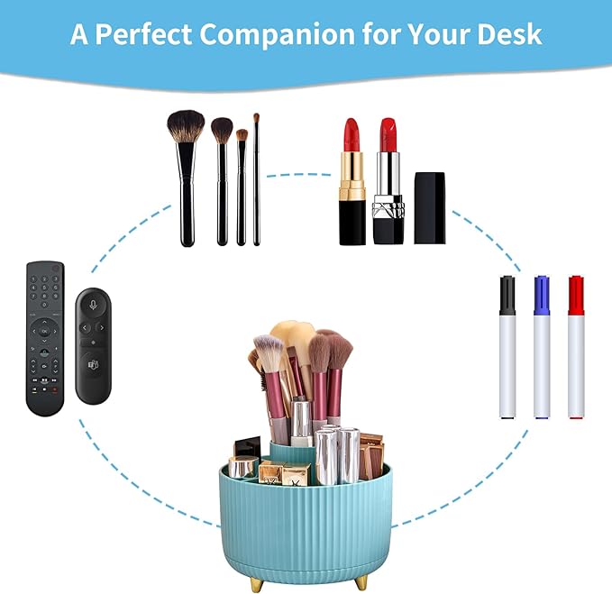Marbrasse Desk Organizer, 360-Degree Rotating Pen Holder for Desk, Desk Organizers and Accessories with 5 Compartments Pencil Organizer, Art Supply Storage Box Caddy for Office, Home （Light Blue）
