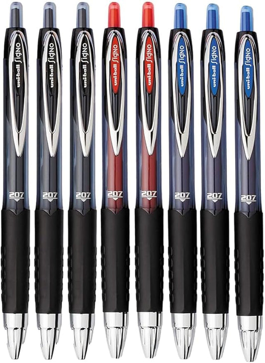 Signo 207 Roller Ball Retractable Gel Pens, Medium Point (0.7mm), Black Blue And Red Ink, 8 Count, Bundle with Plastic Reusable Pouch