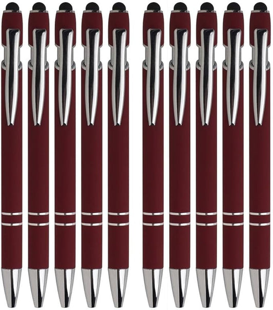 Wine Red Ballpoint Pens with Black Ink, 2-in-1 Stylus Tip, 1.0mm Medium Point, Matte Metal Barrel – 10-Pack for Office or School