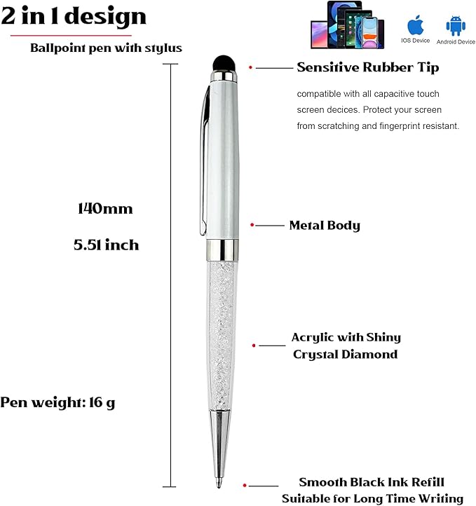 Ancolo Custom Personal Office Pens with Stylus Tip - Quality pens Fine point -Engraved Team Name, Phone Number, Slogan Perfect for Bank, Office, Hotel Lobbies (White) 10PCS/Pack