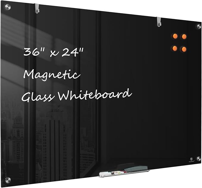 TSJ OFFICE Glass Dry-Erase Board - 36 x 24 Inches Wall Mounted Black Glass Magnetic Whiteboard, Frameless Large White Board for Office, Home & School