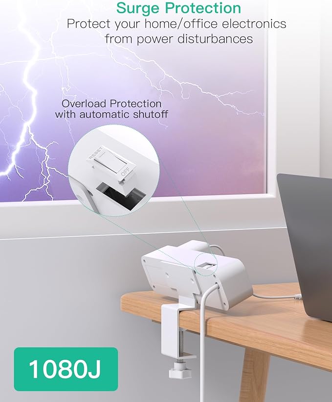 PD40W Desk Clamp Power Strip, Desktop Mount Surge Protector, Fast Charging Station, 5Ft Extension Cord Desk Edge Mount Shelf with 4 Outlets 4 USB Ports (2 USB C), Home Office Accessories Essentials