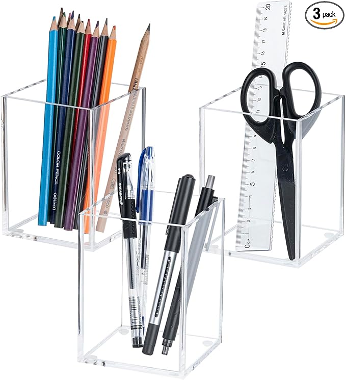 MyGift Modern Premium Clear Acrylic Desktop Pen Pencil Cup, Transparent Rectangular Office Desk Stationery Supplies Storage Organizer Holder, Set of 3