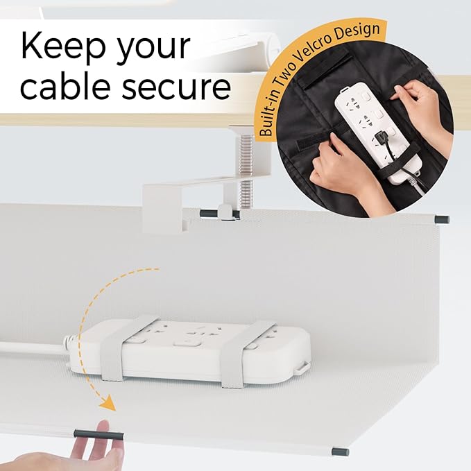 Under Desk Cable Management Tray 15.7" - No Drill Computer Wire Organizer Cable Tray, Cord Hider Clamp Mount with 16X Cable Ties PC Cables Management Cord Holder for Office/Home (Upgrade Fabric,White)