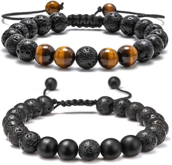 M MOOHAM Natural Stone Bracelets for Men - 8mm Tiger Eye | Matte Agate | Lava Rock Bracelets for Men Teen Boys Gifts Birthday Anniversary Christmas Gifts for Men Teens