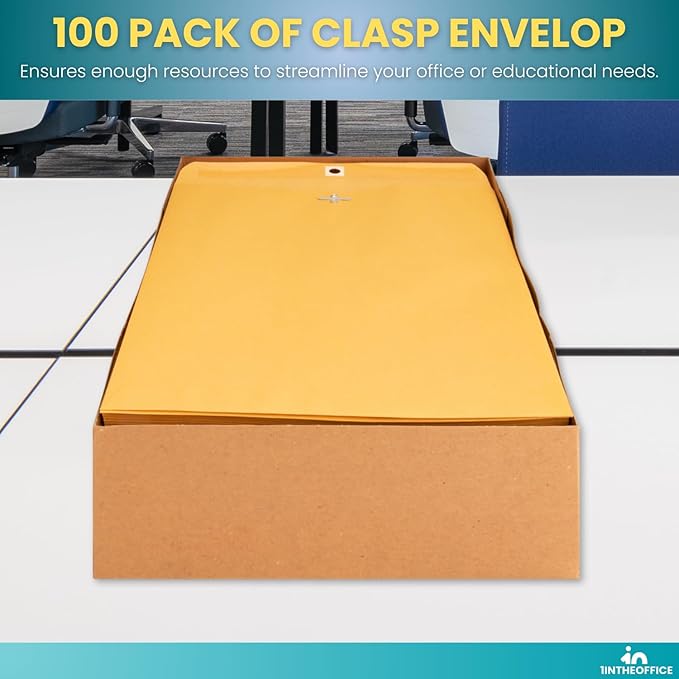 1InTheOffice Clasp Envelopes 10x13, Catalog Envelopes, Heavy-duty Clasp and Gummed Closure, Brown Kraft, 100/Pack