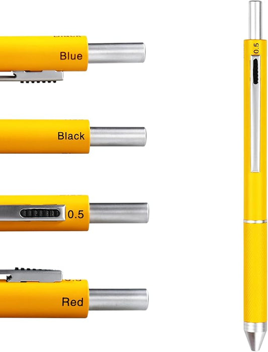 DUNBONG 4 in 1 Multicolor Pen, Metal Cased Multifunction Pen, 0.5mm Mechanical Pencil, Red, Blue, Black Ball Pens, 1-Count (Yellow)