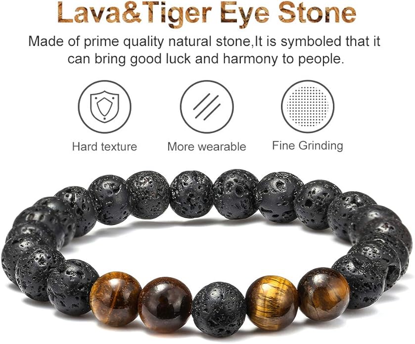 M MOOHAM Natural Stone Bracelets for Men - 8mm Tiger Eye | Matte Agate | Lava Rock Bracelets for Men Teen Boys Gifts Birthday Anniversary Christmas Gifts for Men Teens