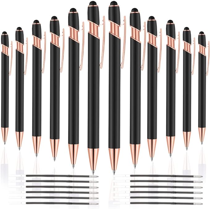 12 PCS 2 in 1 Stylus Ballpoint Pen with Stylus Tip, 1.0 mm Black Ink Metal Pen Stylus Pen for Touch Screens (Rose Gold & Black)