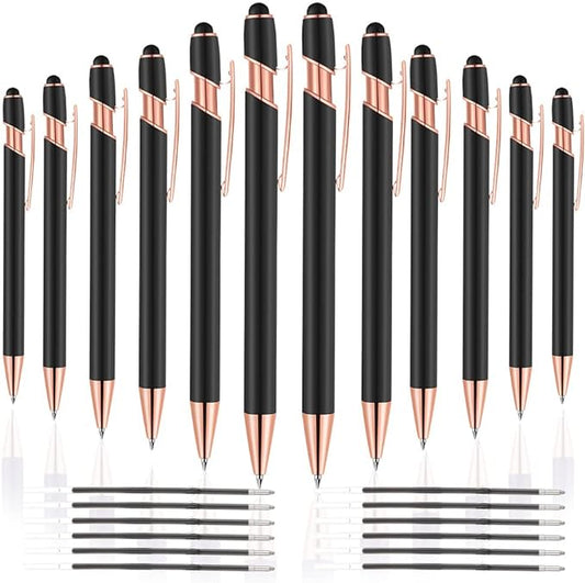 12 PCS 2 in 1 Stylus Ballpoint Pen with Stylus Tip, 1.0 mm Black Ink Metal Pen Stylus Pen for Touch Screens (Rose Gold & Black)