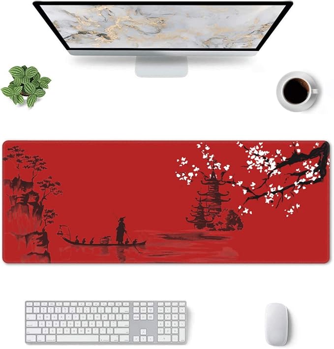 Large Red Mouse Pad XL Japan Cherry Blossom Extended Anime Gaming Mice Pad Long Keyboard Desk Mat with Non-Slip Rubber Base for Office Laptop Computer 31.5'' X 12''