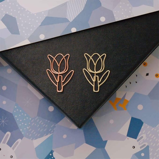 OWLFAVO 30pcs Tulip Flower Shape Paper Clips with Clear Box, Rose Gold and Yellow Gold, Funny Cute Paperclips Bookmarks Planner Clips for Fun Office Supplies School Gifts Wedding Decoration