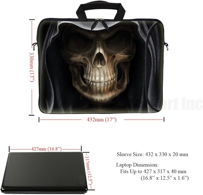 Meffort Inc 17 Inch Neoprene Laptop Bag with Extra Side Pocket, Soft Carrying Handle & Removable Shoulder Strap Fit 16" to 17.3" Size - Skull Face