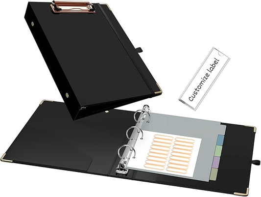 Ospelelf Mini 3 Ring Binder 1 Inch, Cute Binder for 5.5" x 8.5" with 5 Tab Dividers, File Folder Labels and Low Profile Clipboards, Black Binder for School Supplies and Office Supplies