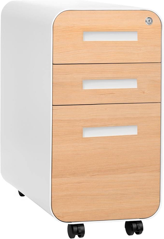Laura Davidson Furniture Stockpile Slim 3-Drawer Mobile File Cabinet with Lock - Under Desk Metal Filing Cabinet, Legal/Letter File Folders, Wheels & Stationary Feet, Assembled, White/Wood Faceplate