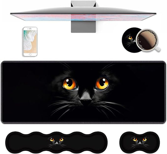 4 in 1 Ergonomic Keyboard Wrist Rest & Mouse Pad Wrist Rest Set, Large XXL Gaming Desk Mat 31.5"x 11.8" with Non-Slip Base, Memory Foam for Home Office Study Gaming, Black Cat Face