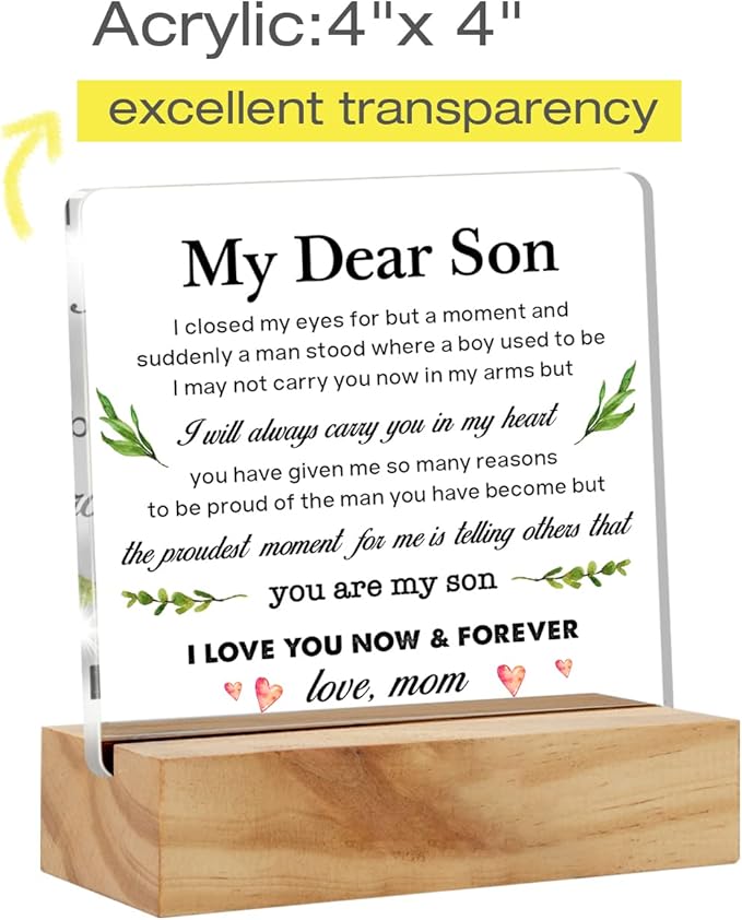 Mom's Gift to My Son: Acrylic Desk Plaque Sign with Wood Stand for Home Office