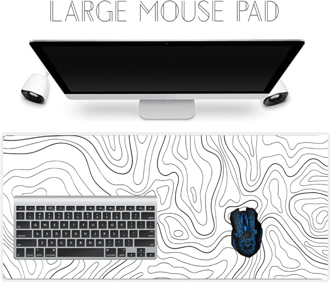 Large Gaming Mouse Pad Extended XXL Mouse Mat Long Desk Pad with Stitched Edges for Keyboard Home Office Gaming Work Big Desk Pad (35.4x15.7x0.12IN, 90x40),White Topographic