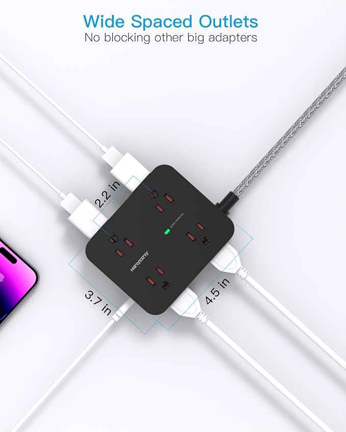 Long Extension Cord 15 ft, Surge Protector Power Strip 15 Feet with 4 Outlets 4 USB Ports (2 USB C), 3 Prong Desk Charging Station, Wall Mount for Indoor Essentials