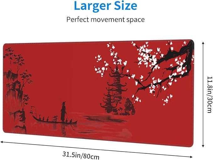 Large Red Mouse Pad XL Japan Cherry Blossom Extended Anime Gaming Mice Pad Long Keyboard Desk Mat with Non-Slip Rubber Base for Office Laptop Computer 31.5'' X 12''