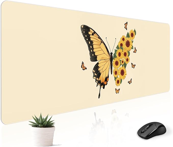 Mousepad Desk Mat Gaming Large Keyboard Cute Office Desktop Computer Laptop XXL Long Big Kawaii Aesthetic Girly Pretty Design Women Girl Gamer Oversized Wide 30x12'', Sunflower Butterfly