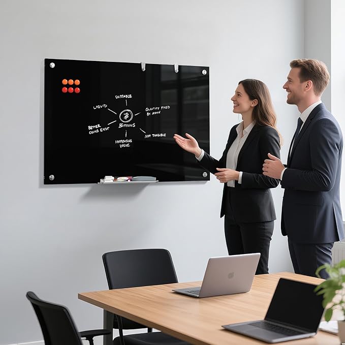 MaxGear Glass White Boards 36x24 Inches, Wall Mounted Magnetic Glass Dry Erase Board Black, Large Frameless Whiteboard with 1 Eraser,3 Markers and 6 Magnets for Office, School, Home