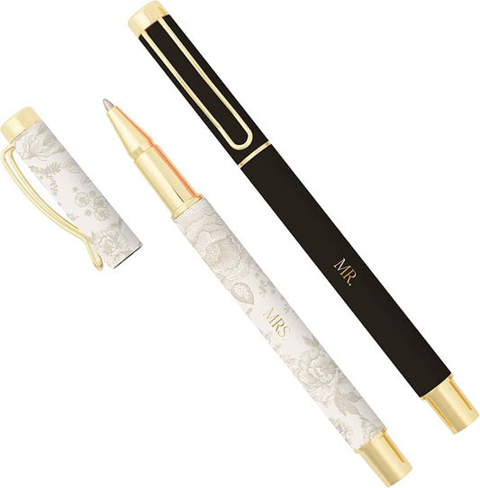 Sweet Water Decor Mr and Mrs Wedding Pen Set, 2 Piece Ballpoint Pens with Gold Accents, Black and Grey Delft Design, Medium Black Ink, Perfect for Guest Book, Engagement, Bridal Shower, Newlywed Gift