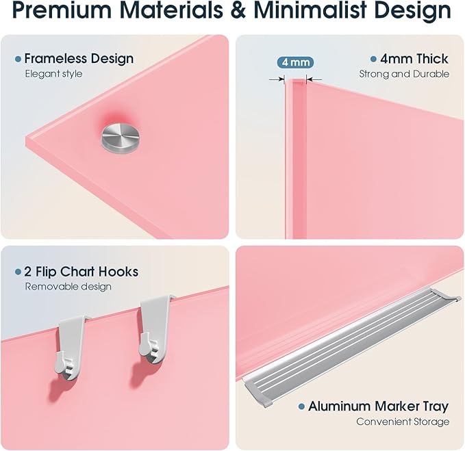 MaxGear Glass White Board 36x24, Pink Wall Mounted Magnetic Glass Dry Erase Board, Large Frameless Whiteboard with 1 Eraser,3 Markers and 6 Magnets for Office, School, Home