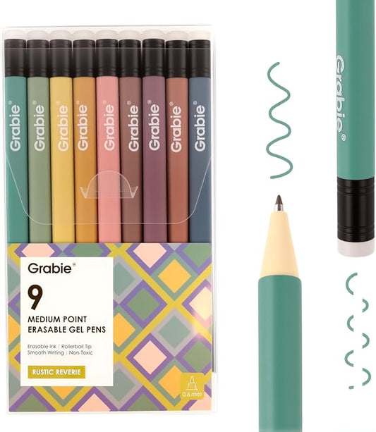 Grabie Erasable Gel Pens, 9 Colors Erasable Pens Multicolor, Make Mistakes Disappear, 0.6mm Medium Point Rollerball Tip Colored Pens for Drawing Writing Planner, Smooth Writing(Rustic Reverie)