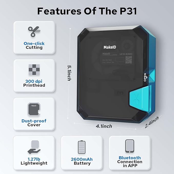 Makeid P31 Industrial Label Maker, Thermal Transfer Label Printer Portable Bluetooth Labeler with 0.71" W x 26.24ft L Label, Wire and Cable Labeling Machine for Job Sites, Fast Creat and Print Label