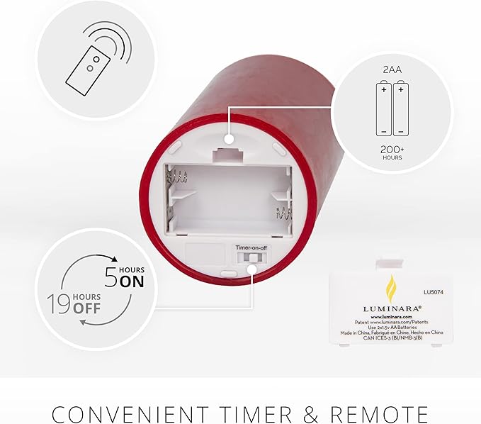 Luminara Flameless Flickering Melted Edge Set of 3 Candles, Battery Operated & Timer Function, Remote Included, Unscented Paraffin Burgundy Wax LED Light Pillar, Christmas Holiday Décor